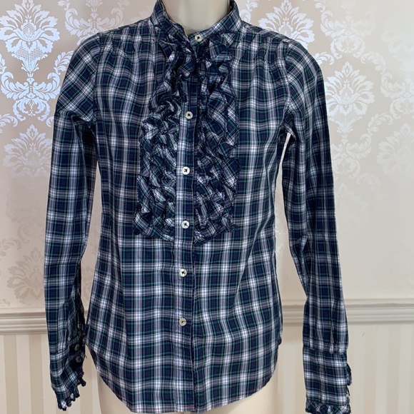 7 For All Mankind Tops - 7 For All Mankind Green/Navy Plaid Ruffle Shirt
